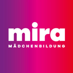 Logo des Projekts mira Mädchenbildung vor lila/rosa/rotem Hintergrund